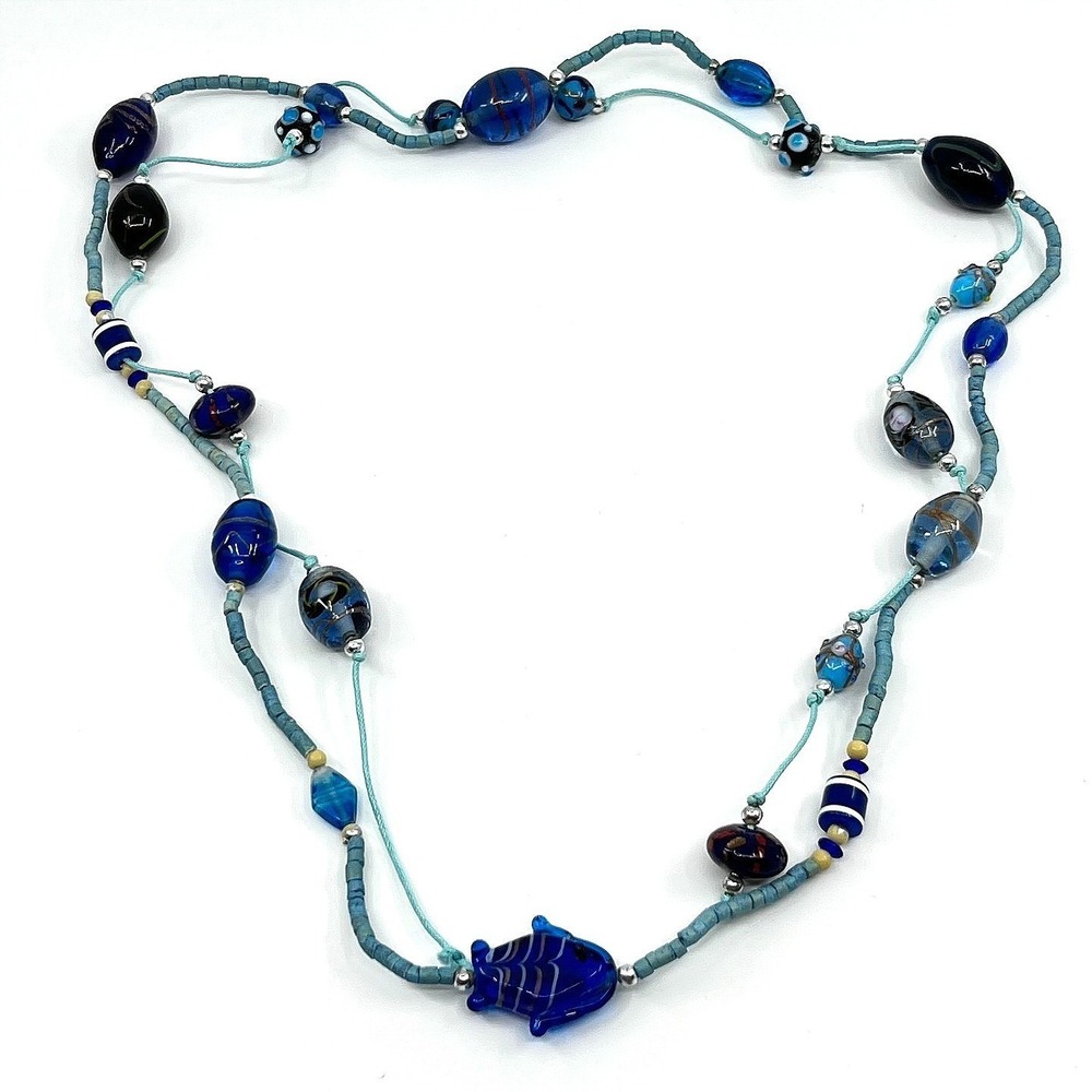 Vintage Art Glass Fish Beaded Layered Necklace Blue Boho Y2K Nautical Style Boho